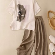 Resim Şık Yaz Retro Gevşek Kısa Kollu Üst ve Rahat Pantolon 2 Parça Set - Zarif Renk Blok Tasarımı, Beyaz Siyah ve Gri Soyutlu Sanat, Polyester Karışımı, Rahat Giyim İçin Mükemmel, Rahat Kesim Giyim|Modern Rahat Giyim|Polyester Karışımı Pantolon 