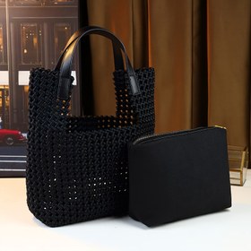 Resim El dokuması Büyük Kapasiteli Kadın Omuz Çantası, Fermuarlı Siyah Tote, Rahat Stil, Polyester Astarlı, Clutch Dahil, Kenar Boyalı, Desen Yok - Şık Koltuk Altı El Çantası 