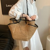 Resim Kadınlar İçin Moda Kağıt Saman Çanta - Büyük Kapasiteli Fermuarlı Omuz Çantası, Bej & Siyah Minimalist Tasarım Plaj, Kamp ve Seyahat için Çok Amaçlı Tote Bag 