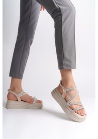 Resim Rıley İnce Tokalı Taşlı Şeritli Ortopedik Taban Kadın Sandalet Ckt - Krem Çok Renkli 