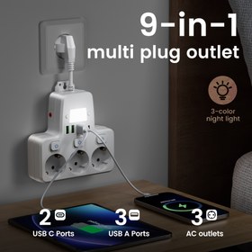 Resim 9'lu Avrupa Çok Fonksiyonlu Güç Şeridi, Üç Gece Işığı Rengi, Ayarlanabilir Parlaklık, Üç AC Çıkışı, Üç USB Portu, İki Tip-C Duvara Monte Şarj İstasyonu, Aşırı Yük Koruması ve Bağımsız Anahtar ile Donatılmış, Ev, Ofis, Seyahat, Bilgisayar ve Yatak Odası Kullanımı için İdeal, Siyah ve Beyaz Renklerde Mevcut. 