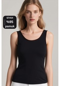 Resim Mrmpro Kadın Lacivert Fitilli Görünümlü Kalın Askılı Basic Atlet Body %95 Pamuk Siyah 