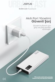 Resim Jopus 10000mAh PowerBank PD 22.5W Hızlı Şarj - Dijital Ekranlı - Taşınabilir Şarj Cihazı - Beyaz JP-P12 