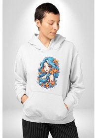 Resim Deniz Kızı Deniz Yıldızı Mavi Saçlı Kadın Erkek Beyaz Kapüşonlu Sweatshirt Hoodie Beyaz 
