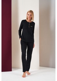 Resim Pjs 26037 Kadın Gorgeous Patlı Biyeli Uzun Kol Pijama Takım Siyah 