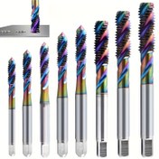 Resim 8 Parça Set, M2-M12 Yüksek Hızlı Çelik Titanyum Kaplı Kombine Matkap ve Tornavidalar, Spiral Oluklu Dikiş Tornavidaları, Çok Fonksiyonlu Dikiş Aletleri, Metal Malzeme, PMMJ Marka, Tek Paket 