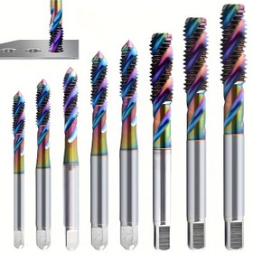 Resim 8 Parça Set, M2-M12 Yüksek Hızlı Çelik Titanyum Kaplı Kombine Matkap ve Tornavidalar, Spiral Oluklu Dikiş Tornavidaları, Çok Fonksiyonlu Dikiş Aletleri, Metal Malzeme, PMMJ Marka, Tek Paket 