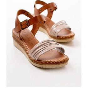 Resim 731-07 Bej Ortopedik Hakiki Deri Dolgu Kadın Sandalet Altın - Taba 