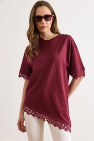 Resim Olalook Kadın Bordo Asimetrik Dantel Detaylı Pamuk Tunik Tişört TSH-19000939 