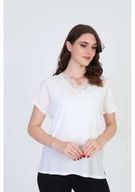 Resim Ella Camelia Kadın Yakası Dantel Detaylı Bluz 20E020 Ekru 
