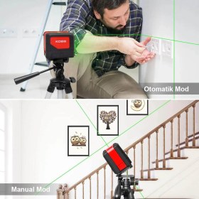Resim Kobb KBL92G 30 Metre Profesyonel Yatay ve Dikey Otomatik Hizalamalı Yeşil Çapraz Çizgi Lazer, 2 Noktalı Şakül Lazer Distomat + Mini Tripod 