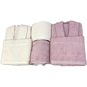 Resim Royam Binnur Kısmı Kadife %100 Pamuklu 8 Parça Aile Bornoz Seti Pudra 