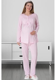 Resim Mecit Pijama Mecit 5416 Pembe Uzun Sabahlıklı Lohusa Pjama Takımı 