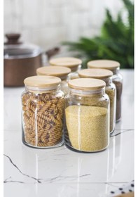 Resim 6 Lı Set Bambu Kapaklı Cam Kavanoz & Erzak Saklama Kabı 800 Ml Orta Boy Vakum Kapak Çok Renkli 