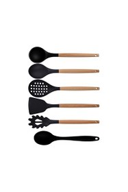 Resim Kitchen Design Lab Siyah Bambu Silikon Kepçe Kaşık Kevgir Makarna Aparatı Açılı Spatula Silikon Kaşık Seti 