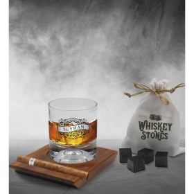 Resim Bk Gift Kişiye Özel Isimli Vip Ahşap Tabaklı Viski Bardağı ve 6’lı Doğal Granit Viski Taşı Sunum Seti - Model 16 