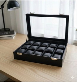 Resim Premium 15 Yuvalı Tamamen Deri Kaplama Cam Kapaklı Şık Tasarım Saat Saklama Kutusu Ebat 34x24x8 Cm Siyah 