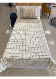 Resim Çift Taraflı Tek Kişilik Kapitone Yatak Örtüsü Takımı Bej Kareli 