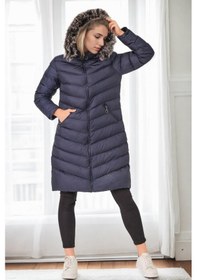 Resim Z6690 Dewberry Kürklü Kapşonlu Bayan Kaban-lacivert-1 Lacivert-1 