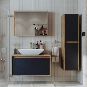Resim Lavabolu Banyo Dolabı 3lü Set - Atlantic - 85 CM / Atlas Çam-Antrasit 