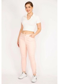 Resim Şans Kadın Pembe Büyük Beden Paçası Dantel Detaylı Kot Pantolon - Pembe 