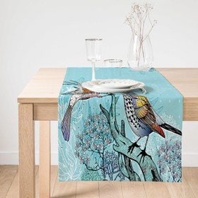 Resim Mavi Kuş Desenli Dijital Baskılı Dekoratif Süet Runner 