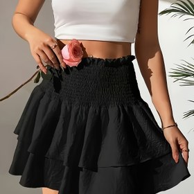 Resim Kadınlar İçin Şık Yüksek Bel Siyah Mini Etek - Fırfırlı Detaylı Şık Büzgülü Tasarım, Polyester ve Elastan Karışımı, Makinede Yıkanabilir, Yaz İçin Mükemmel, Şık Parti Kıyafeti|Şık Büzgülü Etek|Makinede Yıkanabilir Kumaş 