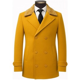 Resim Erkek Kürklü Yaka Kaşe Kaban Slim Fit Çift Düğmeli Kışlık Mont Hardal Sarısı 