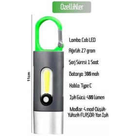 Resim Çok Fonksiyonlu Type-c Girişli Kancalı 750 Lümen Şarjlı 4 Mod Aydınlatma Kamp Lambası Araç Tamirci Çalışma Vb Feneri Gri 