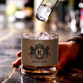 Resim Aslan Tasarımlı İsimli Vizon Deri Kaplı Viski Bardağı 