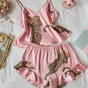 Resim Kadınların Seksi Pembe Leopar Desenli V Yaka Kayma Gecelik - Tüm Mevsimler İçin Rahat Kıvrımlı Kenarlı Cami Uyku Giyimi, Polyester Karışımı, Açık Gri Detaylar, Şık Leopar Tasarımı, Tüm Mevsimler Giyim | Oynak Desenli Gecelik | Polyester Karışımı Kumaş 