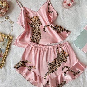 Resim Kadınların Seksi Pembe Leopar Desenli V Yaka Kayma Gecelik - Tüm Mevsimler İçin Rahat Kıvrımlı Kenarlı Cami Uyku Giyimi, Polyester Karışımı, Açık Gri Detaylar, Şık Leopar Tasarımı, Tüm Mevsimler Giyim | Oynak Desenli Gecelik | Polyester Karışımı Kumaş 
