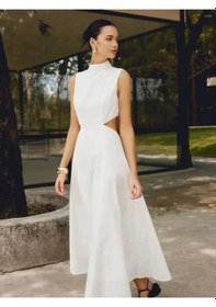 Resim Fashion Cocktail Minik Boyun Detay Pencereli Bel Kolsuz Dizaltı Midi Sahil Yazlık Viskon Elbise Bej 