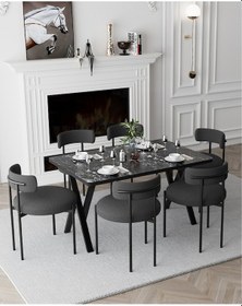 Resim Avvio Margo Teddy Sandalye 80x140 Yemek Masası Mutfak Masası 6 Kişilik Masa Sandalye Takımı Siyah Mermer 