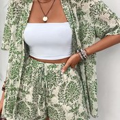 Resim YY0207440 Kadın Kısa Kollu Gömlek ve Elastik Bel A Kesim Şort Günlük Tatil Baskılı Plaj Takımı 