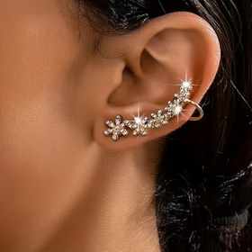 Resim Kadınlar için Şık Taşlı Çiçek Küpe Manşetleri Çifti – Parıldayan Çinko Alaşım Tasarımı, Partiler, Tatiller ve Günlük Kıyafetler için Mükemmel 