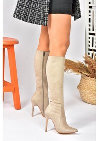 Resim Fox Shoes Bej Süet İnce Topuklu Sivri Burun Kadın Çizme N372530102 Bej 