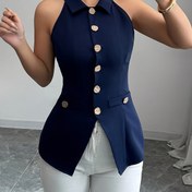 Resim Şık Siyah Kolsuz Yelek Düğme Önü ile - Kadınlar için Şık Kısa Boy Lapel Yaka Üst, Bahar/Yaz/Sonbahar için Mükemmel, Dar Kesim, Düz Renk, Kemer Yok, Kolsuz Moda|Şık Siyah Üst|Şık Yaka Stili 