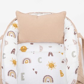 Resim Babynest ve Yastık - Çift Taraflı - Kumsal Beji Petek - Galaksi ve Harfler 