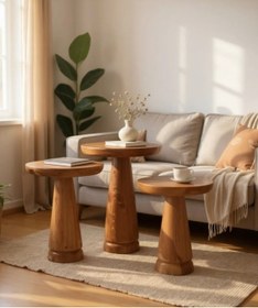 Resim ASELYA HOME Doğal Ahşap 3’lü Set Mantar Yan Sehpa Modern Fiskos Zigon Çiçeklik 