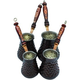 Resim Global Marketin Bakır Cezve Seti 4 Lü Piramit Desenli Kahverengi 