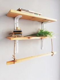 Resim Halatlı Ahşap Dekoratif Duvar Rafı 50x11 Cm, Metal Beyaz Ayaklı 