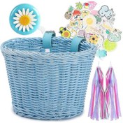 Resim Çocuklar İçin Hasır Bisiklet Sepeti, Önden Monteli, Gidona Takılan Şeritler Ve Mavi 