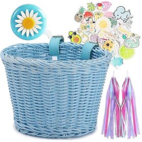 Resim Çocuklar İçin Hasır Bisiklet Sepeti, Önden Monteli, Gidona Takılan Şeritler Ve Mavi 