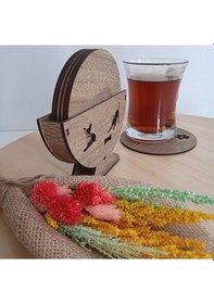 Resim Ahşap Köpek Bardak Altlıkları - 6'lı Set Ve Stand Kahverengi 