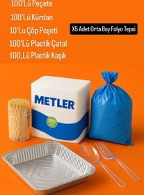 Resim Metler 6'lı Piknik Seti | Peçete Kürdan Çatal Kaşık Çöp Poşeti Alüminyum Folyo Tepsi Kamp Piknik Malzemesi 