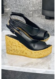 Resim Kadın Mantara Siyah Cilt 10 Cm Dolgu Topuklu Mantar Taban Önü Arkası Acık Ayakkabı Siyah 