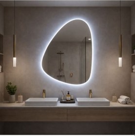Resim 55x77 Cm Modern Asimetrik Led Banyo Aynası Dokunmatik Sensörlü, Dimmerli, 6500k Beyaz Işık Beyaz 