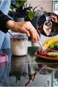 Resim Eynel 1100 ml Take-go Kaşıklı Hazneli Meyveli Yoğurt Kabı Piknik Atıştırmalık Granola Yoğurt Süt Bardağı 