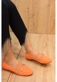 Resim Prego Taş Fiyonk Detaylı Günlük Kadın Saten Babet Turuncu Turuncu 